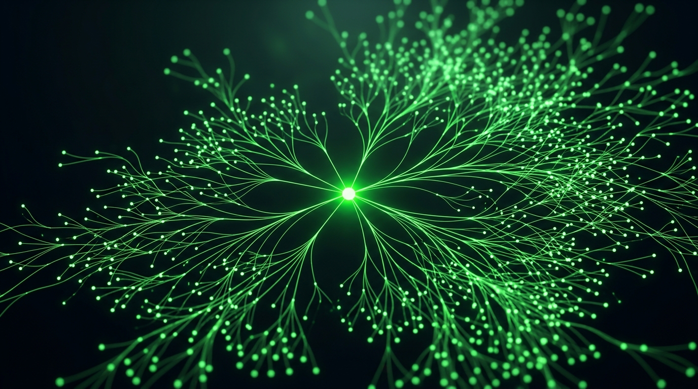 A single node radiating into a multiplying neon-green network — referrals compounding.
